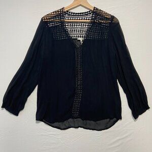 SMALL black silk JOIE sheer blouse with eyelet details